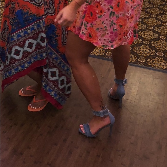 Light Denim Frayed Ankle Strap Heels - Picture 4 of 8